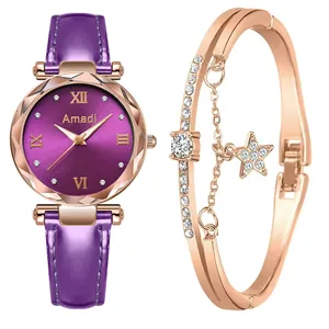 Détail de la montre Amadi en cuir violet et du bracelet jonc or rose avec étoile
