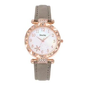 Women's quartz watch featuring a starfish dial, rose gold case, and grey suede strap