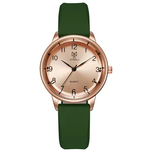 Minimalist quartz watch with rose gold dial and dark green silicone strap for men and women