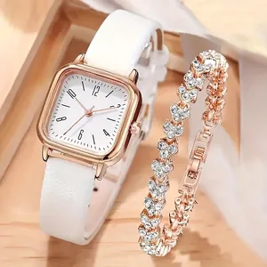 Women Fashion Quartz Watch And Heart Rhinestone Bracelet Square Rose Gold Case White Faux Leather Strap Analog Wristwatch