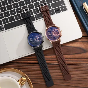 Men's creative sport watch with blue dial and star hollow silicone strap on a desk