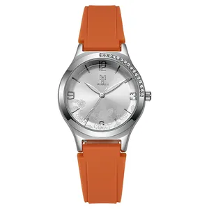 Minimalist quartz watch with orange silicone strap and crystal-studded silver bezel