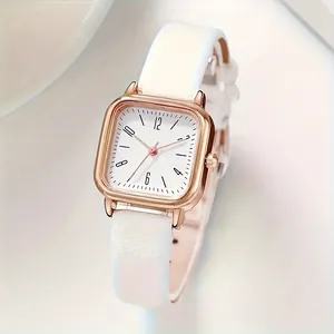 Elegant women's square quartz watch with rose gold case and white leather strap