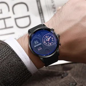 Close-up of a ZHOWE men's watch with blue tinted glass and black silicone strap on wrist
