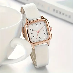 Minimalist square women's quartz watch with rose gold case and white leather strap