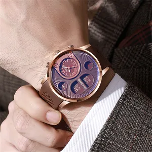 Men's rose gold dual display sports watch with brown silicone strap and business suit style