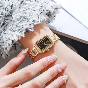 Elegant gold square quartz watch for women with black dial and diamond markers