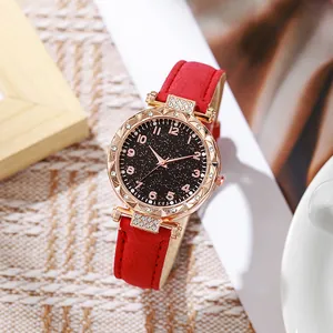 Orologio luminoso cielo stellato da donna con cinturino rosso opaco e cassa in strass