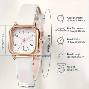 Women's square luminous quartz watch with white leather strap and precise dimensions