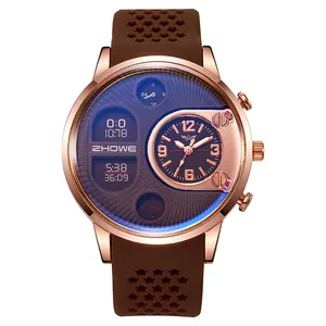 Men's dual display sports watch with rose gold case and brown silicone star strap