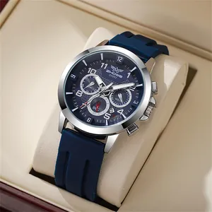 Montre sport pour homme avec bracelet en silicone bleu et chronographe à trois cadrans