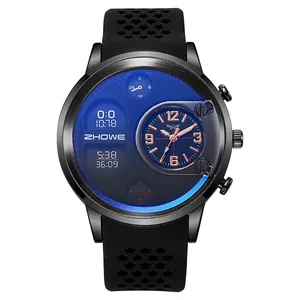 Detail view of the deep blue multi-function dial and black silicone strap on this sport watch