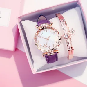 Set orologio da donna in ecopelle viola e bracciale a stella in oro rosa in box