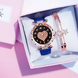 Orologio da donna in pelle blu con quadrante a cuore stellato e bracciale con stella