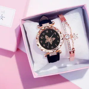 Women's Fashion Watch And Bracelet Set Butterfly Starry Dial Rhinestone Bezel Rose Gold Case Casual Gift For Her