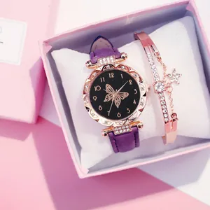 Elegant purple leather watch set with gold butterfly dial and matching star bracelet