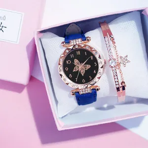Women's blue leather watch and rose gold butterfly jewelry set in a gift box