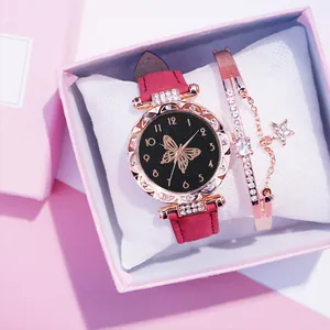Women's rose gold butterfly watch set with starry black dial and red strap in gift box