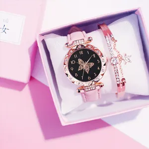 Elegant women's watch set with pink leather strap, butterfly dial and star bracelet