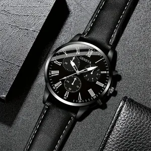 Montre à quartz pour hommes Geneva noire avec bracelet en cuir et chiffres romains