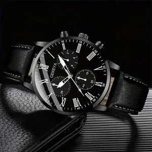 Montre GENEVA classique pour homme avec bracelet en cuir noir et cadran romain