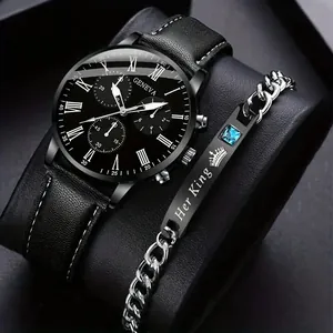 Montre Business Geneva Homme Avec Cadran à Chiffres Romains Bracelet en Similicuir Et Bracelet Couronne Her King Quartz
