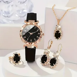 Montre Quartz Femme avec Collier Boucles d'Oreilles Bague Cadran Ciel Étoilé Noir Boîtier en Alliage Or Rose Bracelet Similicuir