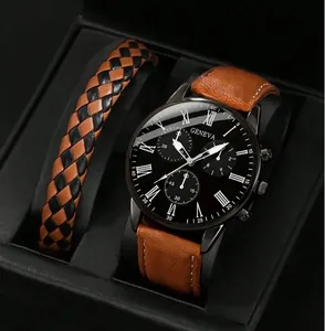 Montre à quartz pour homme avec bracelet en cuir et bracelet tressé en coffret cadeau