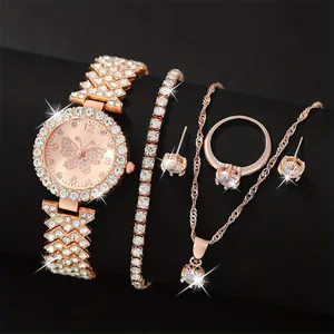 Women Rose Gold Quartz Watch Butterfly Dial Full Rhinestone Alloy Watch With Bracelet Necklace Earrings Ring Accessory