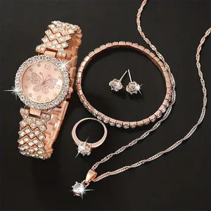 Luxury rose gold women's watch set with butterfly dial, crystal necklace, and ring