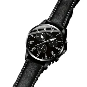 Montre à quartz Geneva pour homme avec bracelet en cuir noir et cadran à chiffres romains