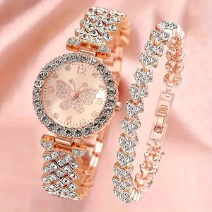 Women's rose gold butterfly quartz watch and matching rhinestone bracelet set on silk