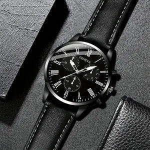 Montre à quartz pour hommes avec bracelet en cuir noir et cadran romain sur pierre sombre