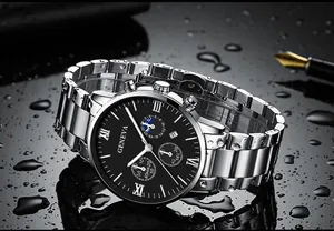 Close-up of Geneva men's quartz watch with silver metal strap and Roman numerals
