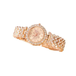 Luxury rose gold women watch with crystal butterfly dial and rhinestone steel strap
