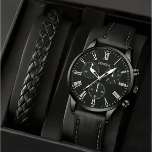 Montre à Quartz Homme Business Mode Et Bracelet Tressé Cadran Chiffres Romains Bracelet Similicuir Montre Homme Cadeau