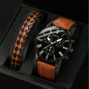 Montre à quartz avec bracelet en cuir marron et bracelet tressé noir en coffret cadeau