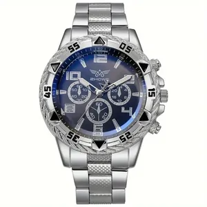 Men's silver stainless steel chronograph watch with blue sunray dial and chain strap