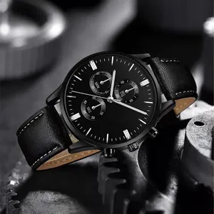 Men's chronograph watch with black leather strap and multi-functional quartz dial display