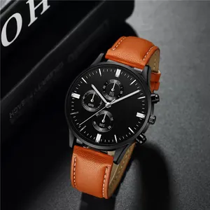 Men's fashion chronograph watch with black dial and brown leather strap on dark background