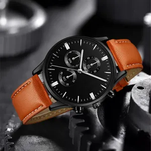 Men's fashion business chronograph watch with black dial and brown leather strap