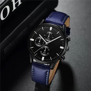 Business quartz chronograph watch for men with blue leather strap and black dial