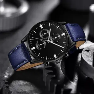 Men's fashion business sports watch with blue leather strap on industrial gear