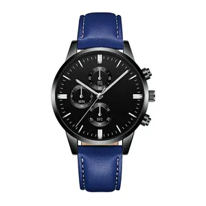 Men's sports chronograph watch with blue leather strap and black dial on white background