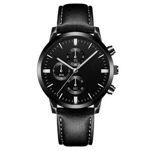 Men's business quartz watch with black dial and leather strap featuring white stitching