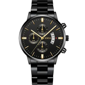 Men's black stainless steel chronograph watch with gold indices and date window display