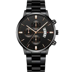 Detailed macro view of black business watch face with rose gold hands and date display