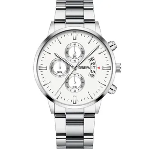 Close-up of Geneva men's chronograph watch with silver steel band and white date dial