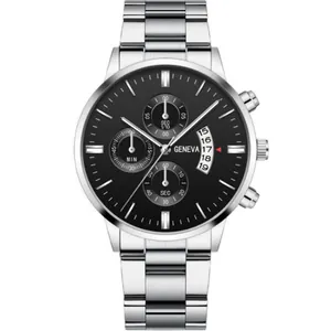 Men's business quartz watch with silver steel band, black dial, and calendar display