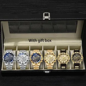Men Business Fashion Quartz Watch Collection With Luxury Leather Display Storage Case Alloy Strap Multi Dial Timepiece Gift For Father